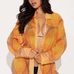 Vibrant Orange Geometric Swim Cover-Up